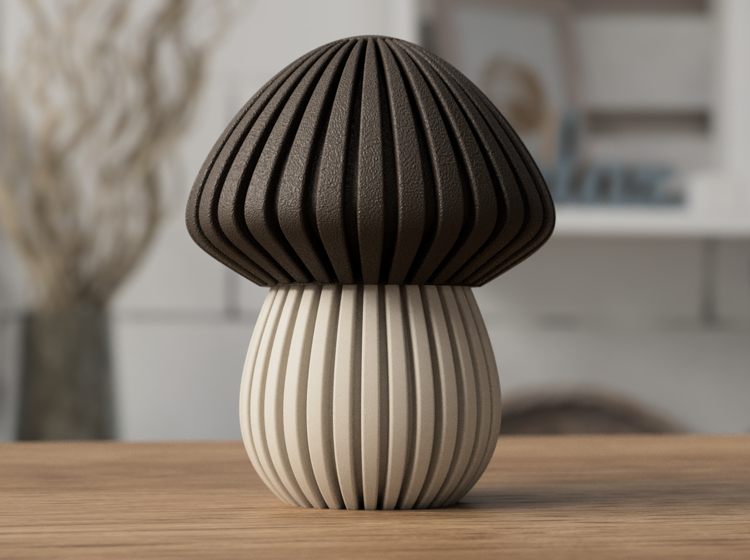 Afbeeldingen van 3D-geprinte Paddenstoel – Sfeervolle Theelichthouder & Decoratie-LARGE-Dark Brown en Latte Brown-Geribbeld deksel