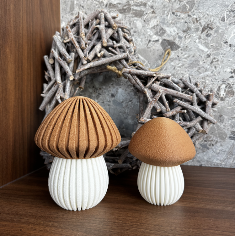 Afbeeldingen van 3D-geprinte Paddenstoel – Sfeervolle Theelichthouder & Decoratie-LARGE-Dark Brown en Latte Brown-Geribbeld deksel