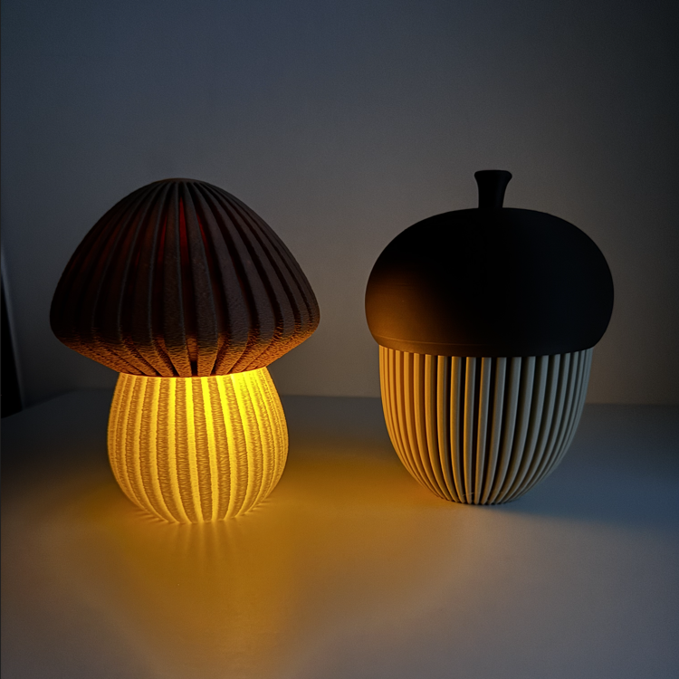 Afbeeldingen van 3D-geprinte Paddenstoel – Sfeervolle Theelichthouder & Decoratie-LARGE-Dark Brown en Latte Brown-Geribbeld deksel