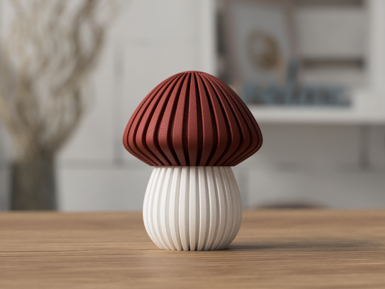 Afbeeldingen van 3D-geprinte Paddenstoel – Sfeervolle Decoratie - SMALL- Matte Dark Red- geribbeld deksel