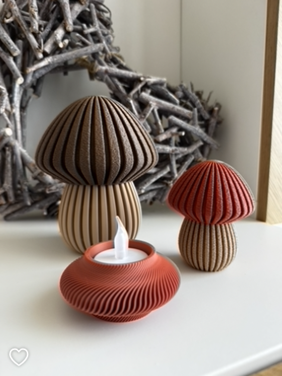 Afbeeldingen van 3D-geprinte Paddenstoel – Sfeervolle Decoratie - SMALL- Terracotta met Jade Wit- geribbeld deksel