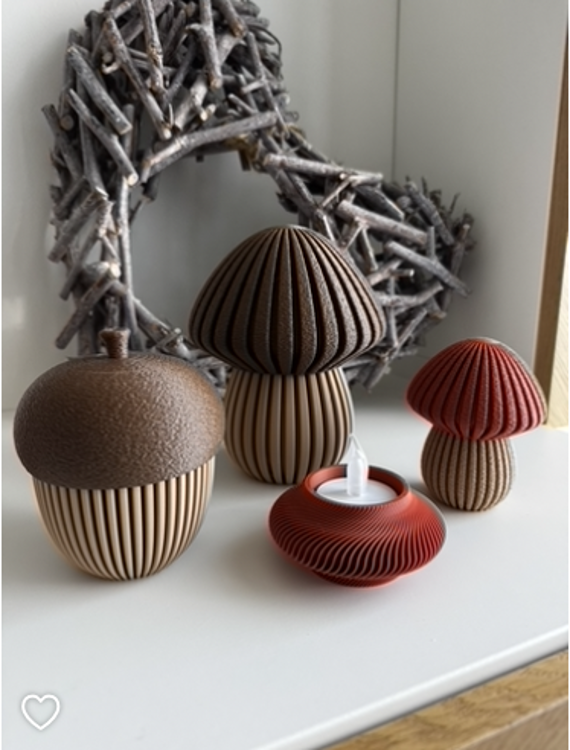 Afbeeldingen van 3D-geprinte Paddenstoel – Sfeervolle Decoratie - SMALL- Terracotta met Jade Wit- geribbeld deksel