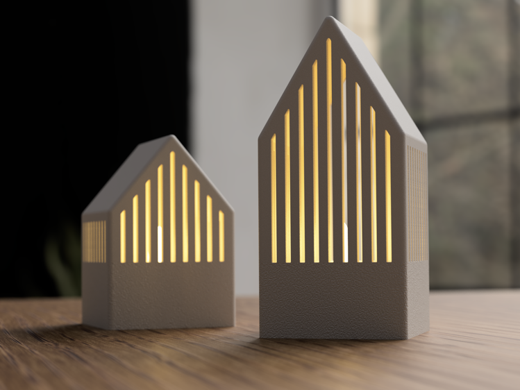 Afbeeldingen van Japandi Tealight Houses – 3D Geprint Set van 2 – Moderne Kerstdecoratie
