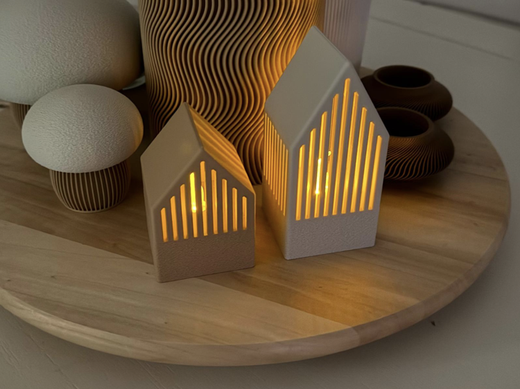 Afbeeldingen van Japandi Tealight Houses – 3D Geprint Set van 2 – Moderne Kerstdecoratie