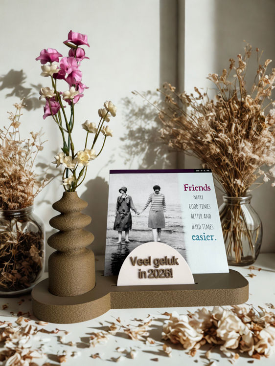 Afbeeldingen van Fotohouder met vaasje voor droogbloemen – persoonlijk cadeau met kaartje