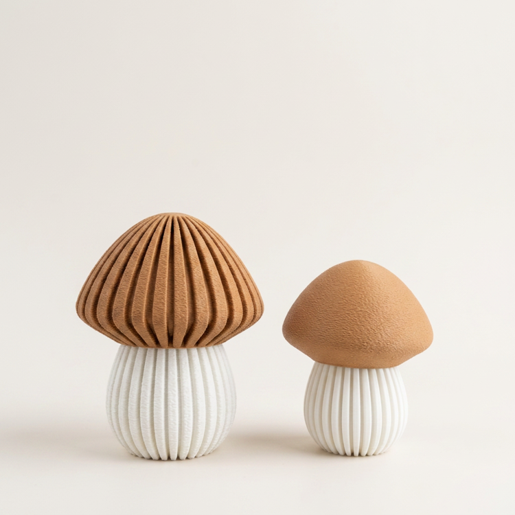 Afbeeldingen van 3D-geprinte Paddenstoel – Sfeervolle Theelichthouder & Decoratie-LARGE- Caramel en Jade Wit-Geribbeld deksel