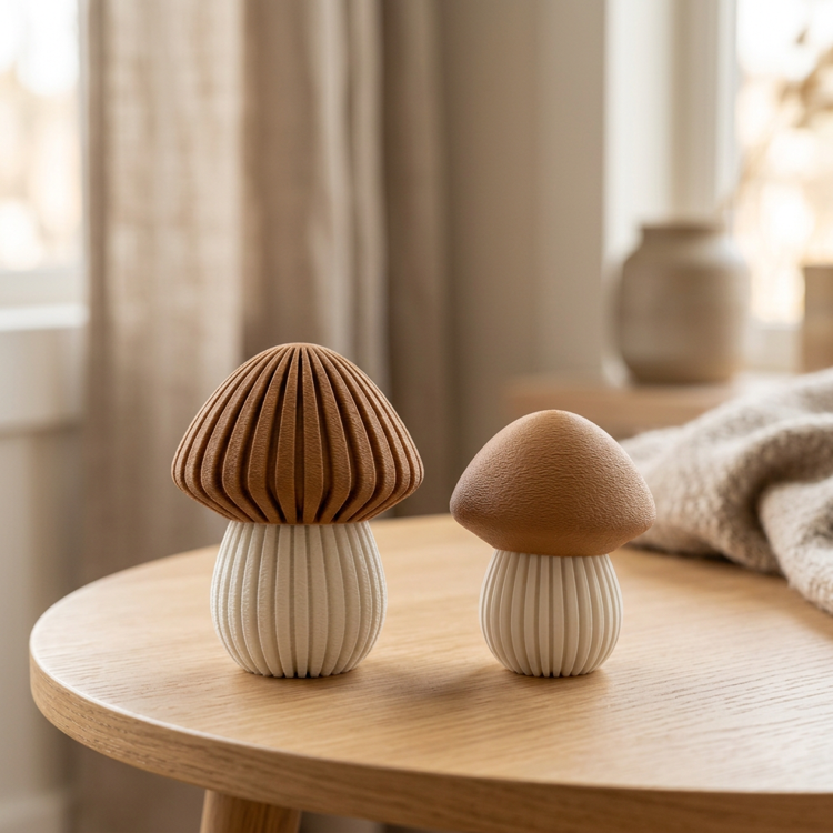 Afbeeldingen van 3D-geprinte Paddenstoel – Sfeervolle Theelichthouder & Decoratie-LARGE- Caramel en Jade Wit-Geribbeld deksel