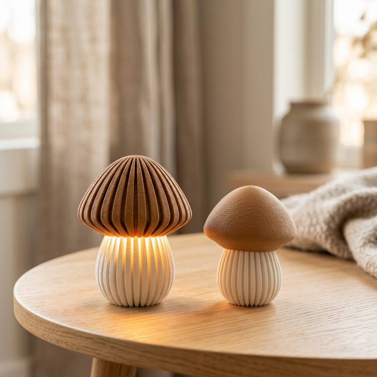 Afbeeldingen van 3D-geprinte Paddenstoel – Sfeervolle Theelichthouder & Decoratie-LARGE- Caramel en Jade Wit-Geribbeld deksel