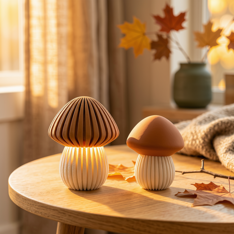 Afbeeldingen van 3D-geprinte Paddenstoel – Sfeervolle Theelichthouder & Decoratie-LARGE- Caramel en Jade Wit-Geribbeld deksel