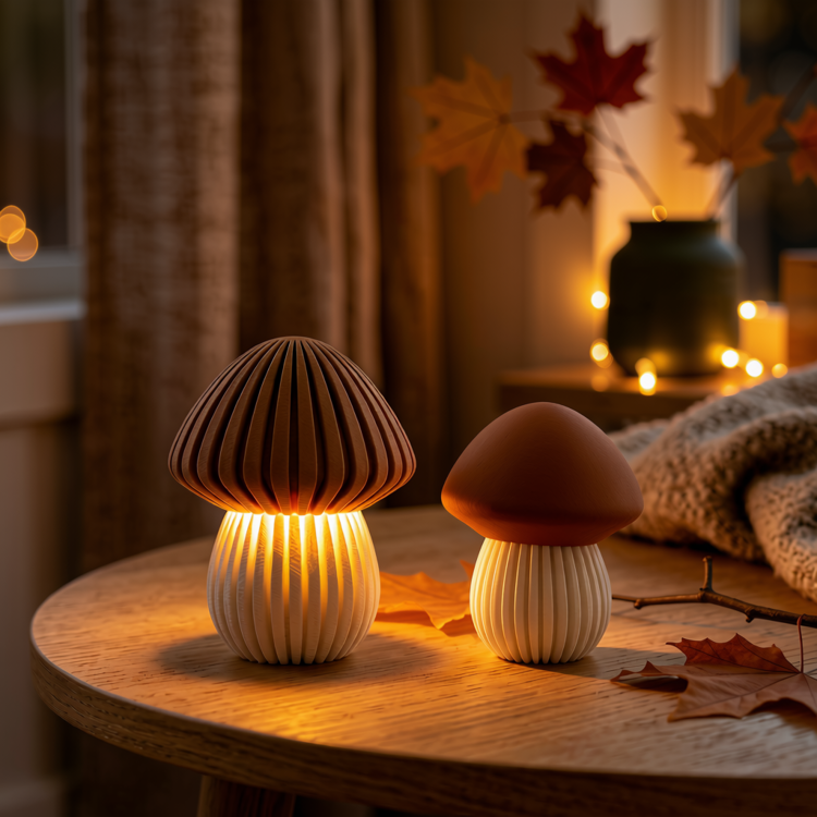 Afbeeldingen van 3D-geprinte Paddenstoel – Sfeervolle Theelichthouder & Decoratie-LARGE- Caramel en Jade Wit-Geribbeld deksel