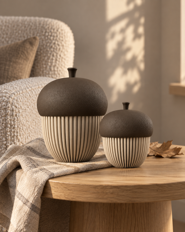 Afbeeldingen van Eikelpotje met deksel – 3D-geprinte herfstdecoratie - ca. 10 cm