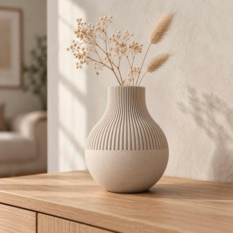 Afbeeldingen van Moderne Vaas – Japandi Design met een strakke horizontale Textuurovergang