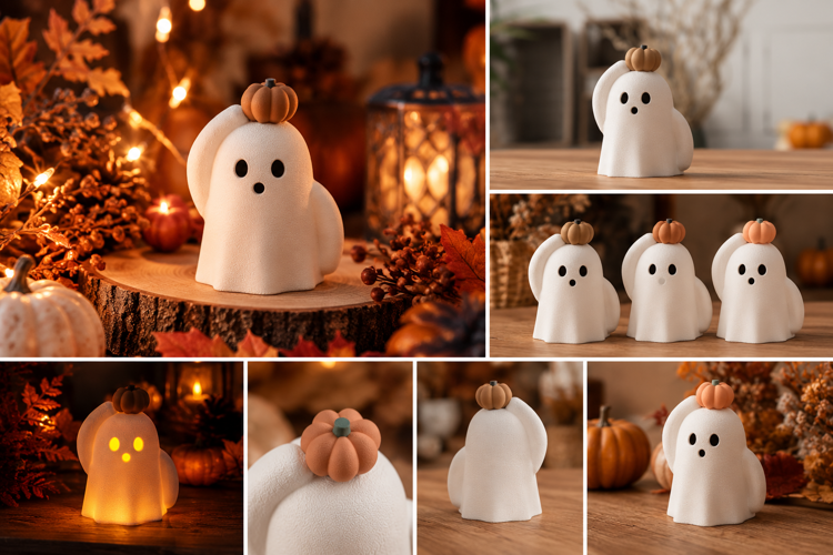 Afbeeldingen van Little Ghost with Pumpkin | Halloween spookje met pompoen