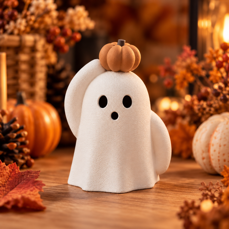 Afbeeldingen van Little Ghost with Pumpkin | Halloween spookje met pompoen