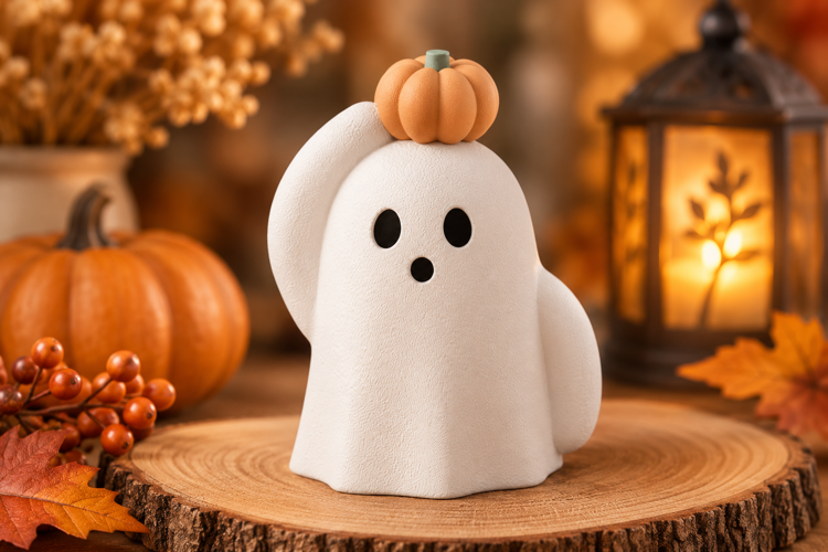 Afbeeldingen van Little Ghost with Pumpkin | Halloween spookje met pompoen