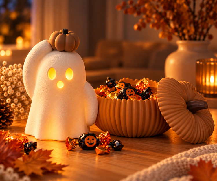 Afbeeldingen van Little Ghost with Pumpkin | Halloween spookje met pompoen