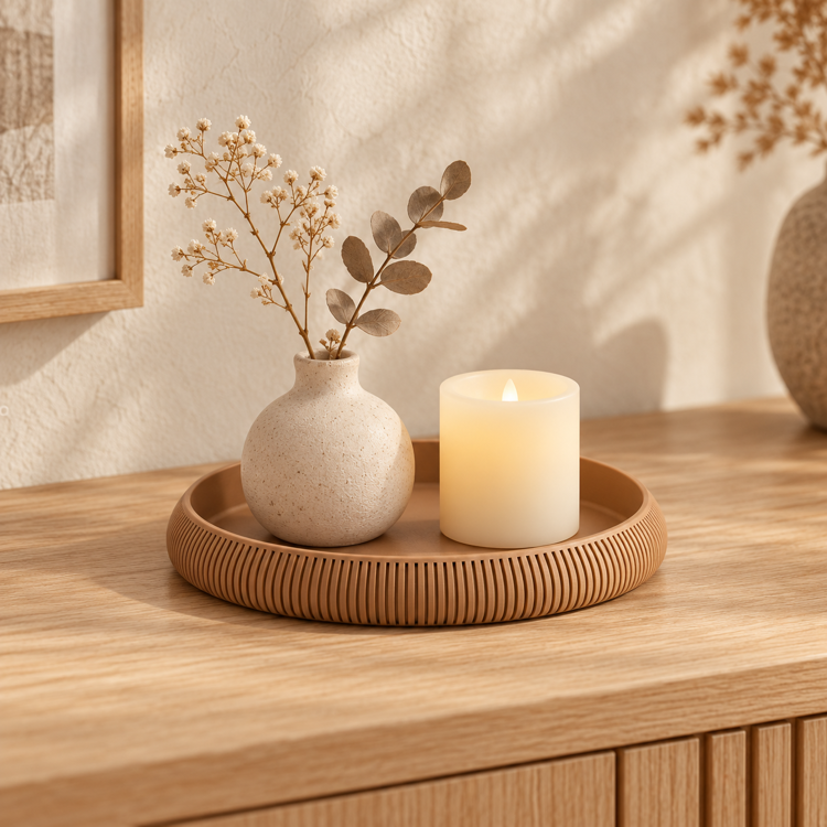 Afbeeldingen van Ronde Japandi tray met ribbelstructuur – 18 cm