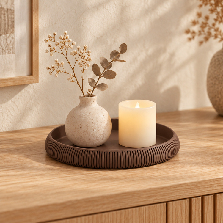 Afbeeldingen van Ronde Japandi tray met ribbelstructuur – 18 cm